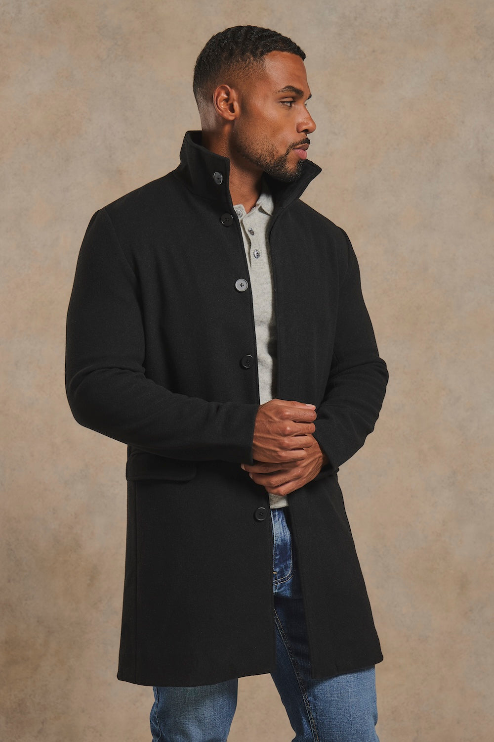 Funnel Neck Overcoat in Black