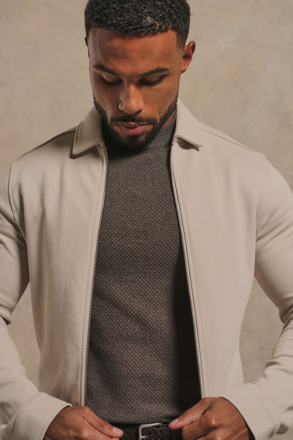 Twill Jersey Zip Through Shacket in Stone