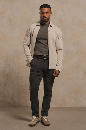 Twill Jersey Zip Through Shacket in Stone