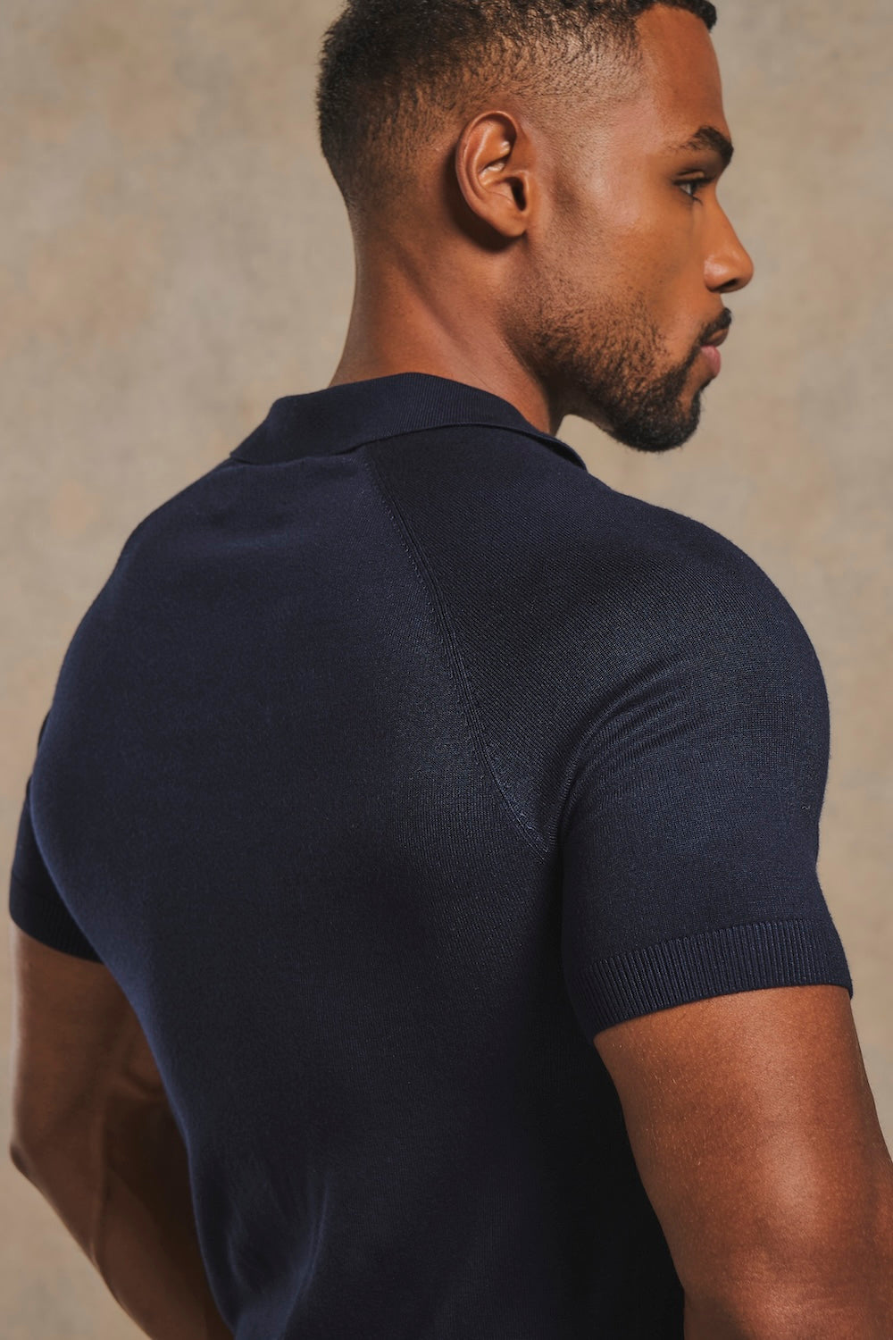 Open Collar Knitted Polo Shirt in Navy