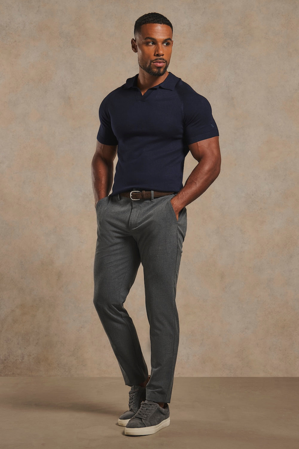 Open Collar Knitted Polo Shirt in Navy