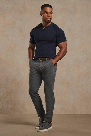 Open Collar Knitted Polo Shirt in Navy