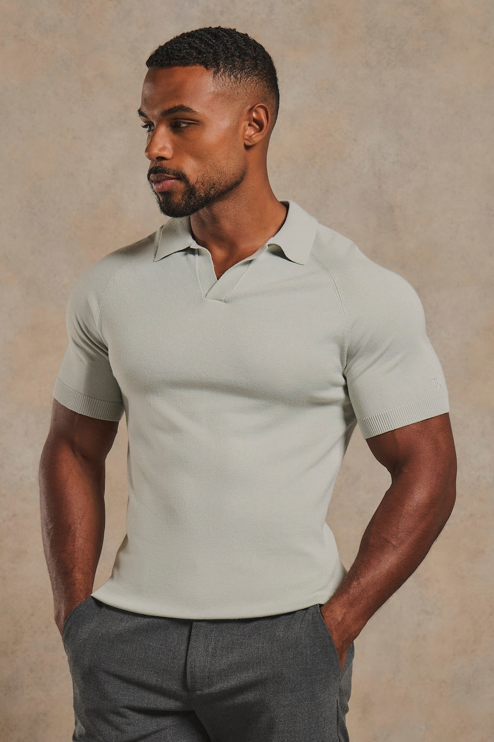 Open Collar Knitted Polo Shirt in Pale Duck Egg