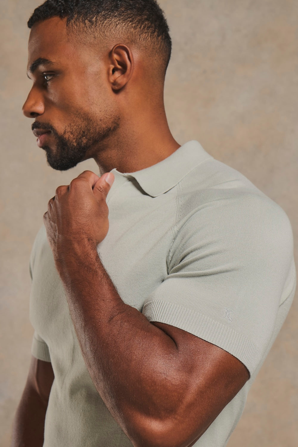 Open Collar Knitted Polo Shirt in Pale Duck Egg