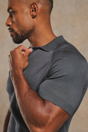 Open Collar Knitted Polo Shirt in Slate Blue