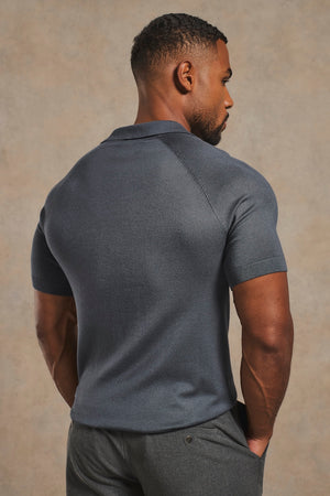 Open Collar Knitted Polo Shirt in Slate Blue