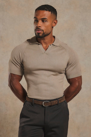 Open Collar Knitted Polo Shirt in Mink