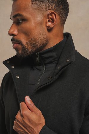 Single Breasted Overcoat with Removable Mock Gilet in Black