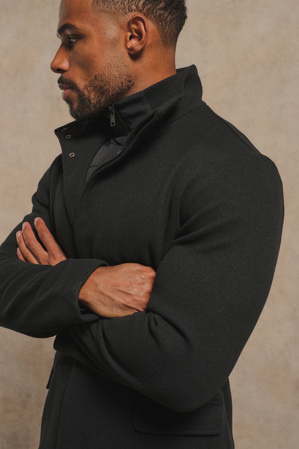Single Breasted Overcoat with Removable Mock Gilet in Black
