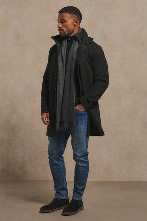 Single Breasted Overcoat with Removable Mock Gilet in Black