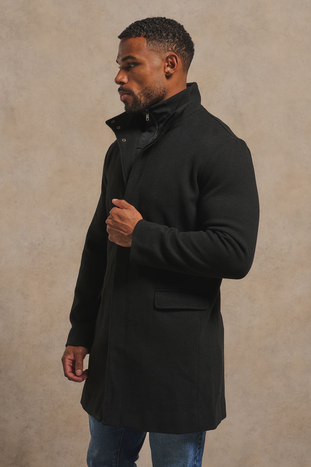 Single Breasted Overcoat with Removable Mock Gilet in Black