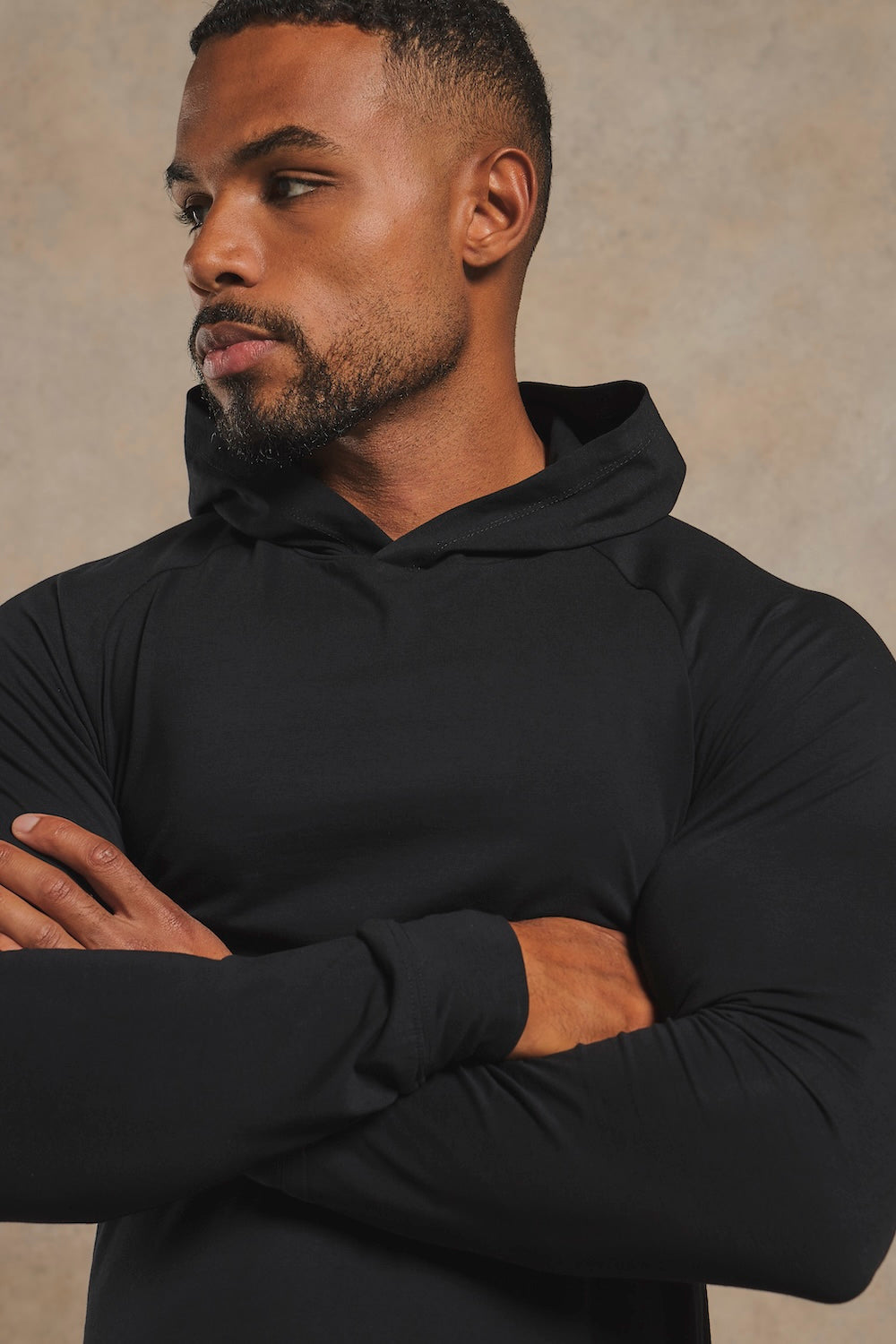 Muscle Fit Hooded Long Sleeve Top in Black