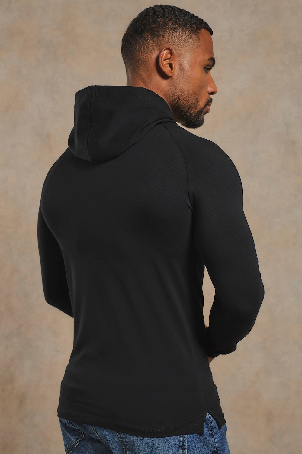 Muscle Fit Hooded Long Sleeve Top in Black