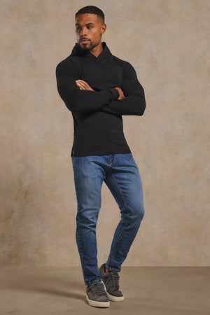 Muscle Fit Hooded Long Sleeve Top in Black