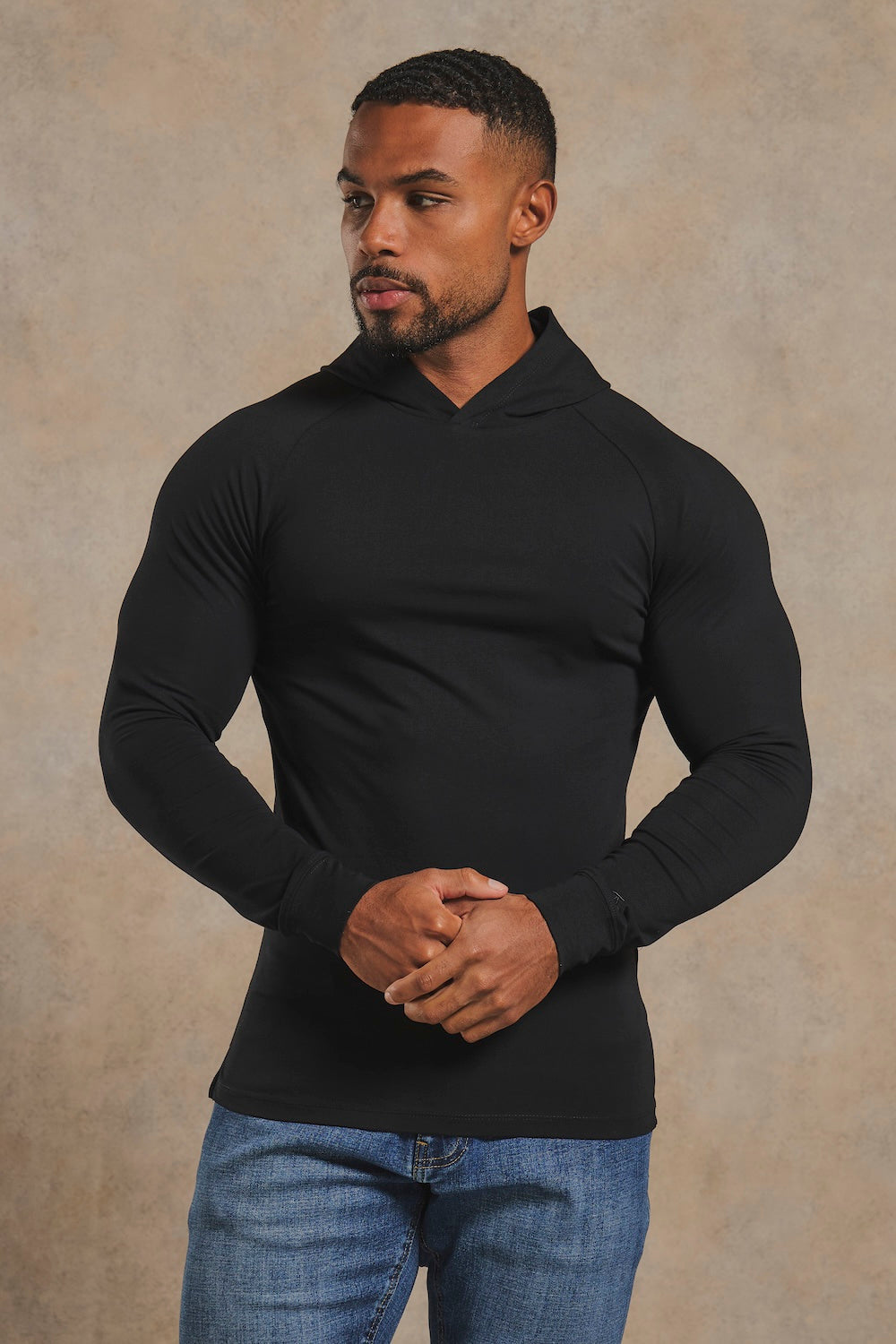 Muscle Fit Hooded Long Sleeve Top in Black