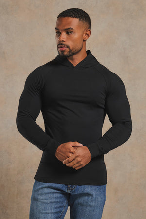 Muscle Fit Hooded Long Sleeve Top in Black