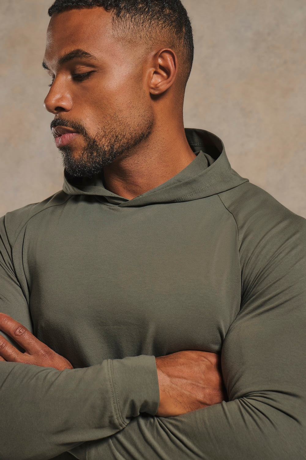 Muscle Fit Hooded Long Sleeve Top in Khaki