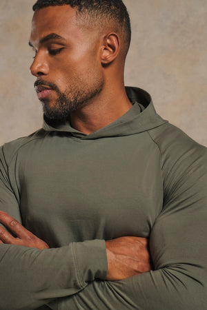 Muscle Fit Hooded Long Sleeve Top in Khaki