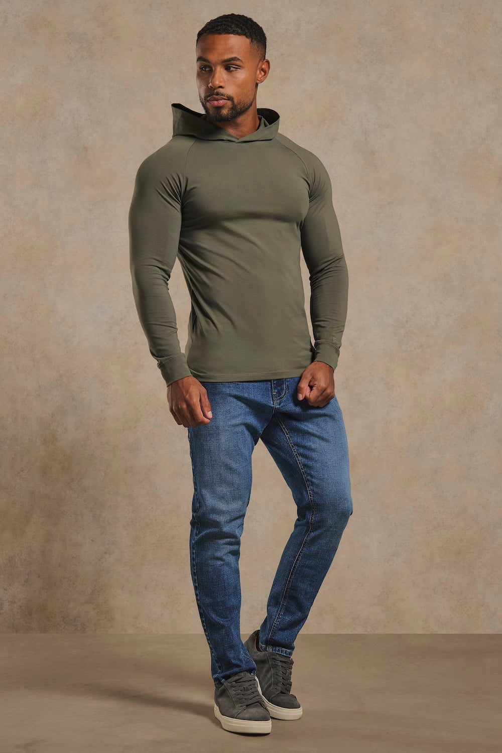 Muscle Fit Hooded Long Sleeve Top in Khaki