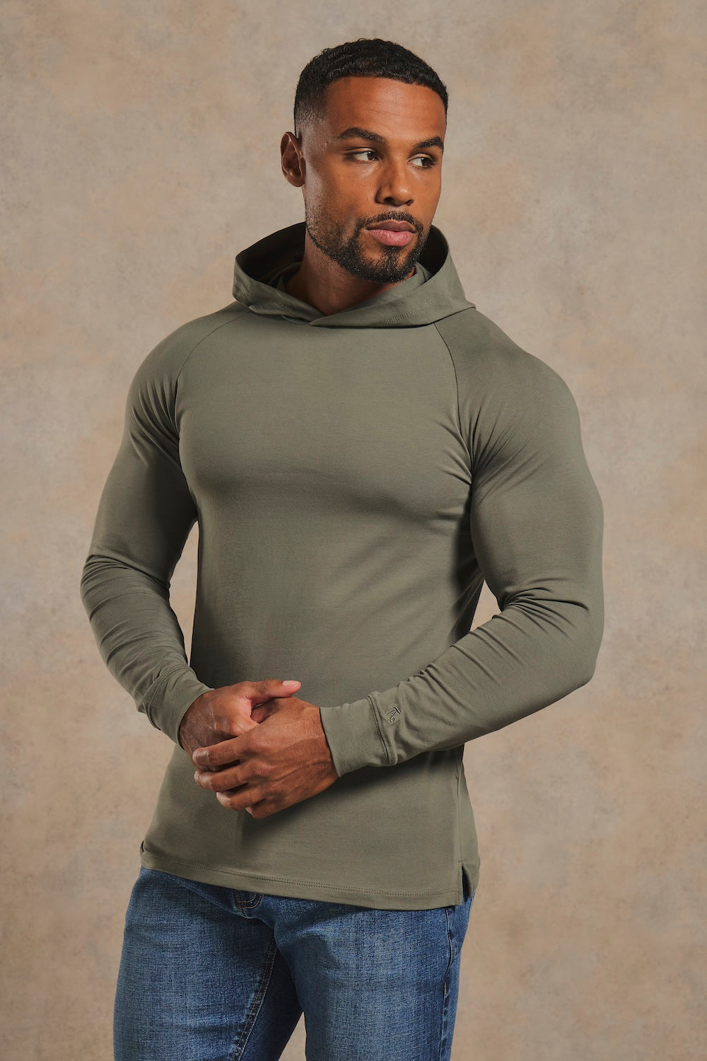 Muscle Fit Hooded Long Sleeve Top in Khaki