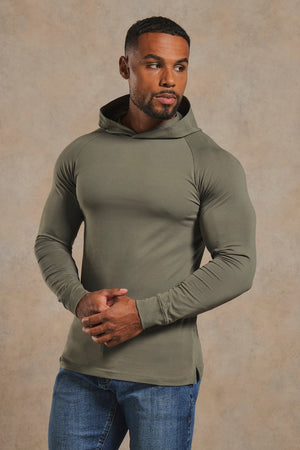 Muscle Fit Hooded Long Sleeve Top in Khaki