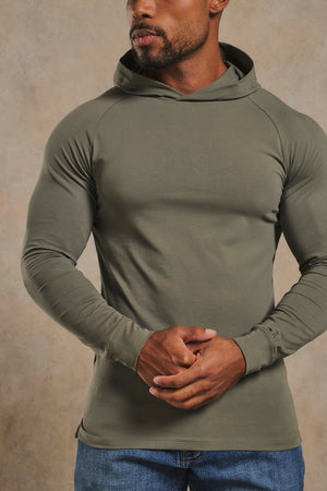 Muscle Fit Hooded Long Sleeve Top in Khaki
