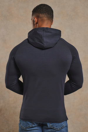 Muscle Fit Hooded Long Sleeve Top in Navy