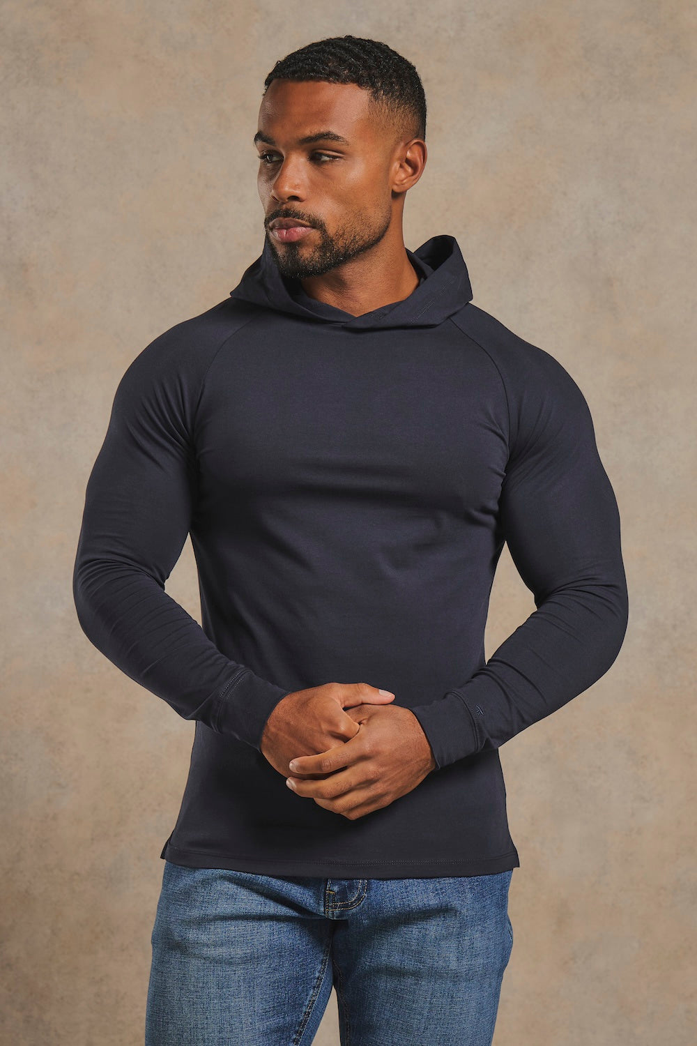 Muscle Fit Hooded Long Sleeve Top in Navy
