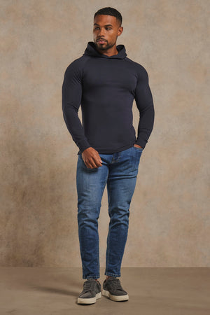 Muscle Fit Hooded Long Sleeve Top in Navy