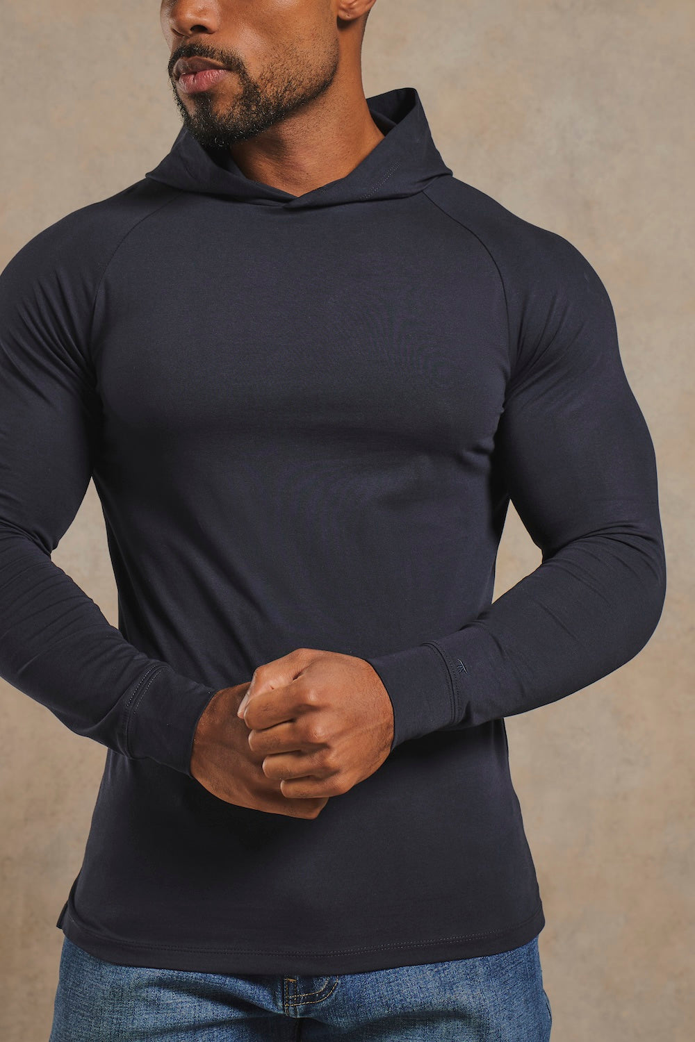 Muscle Fit Hooded Long Sleeve Top in Navy