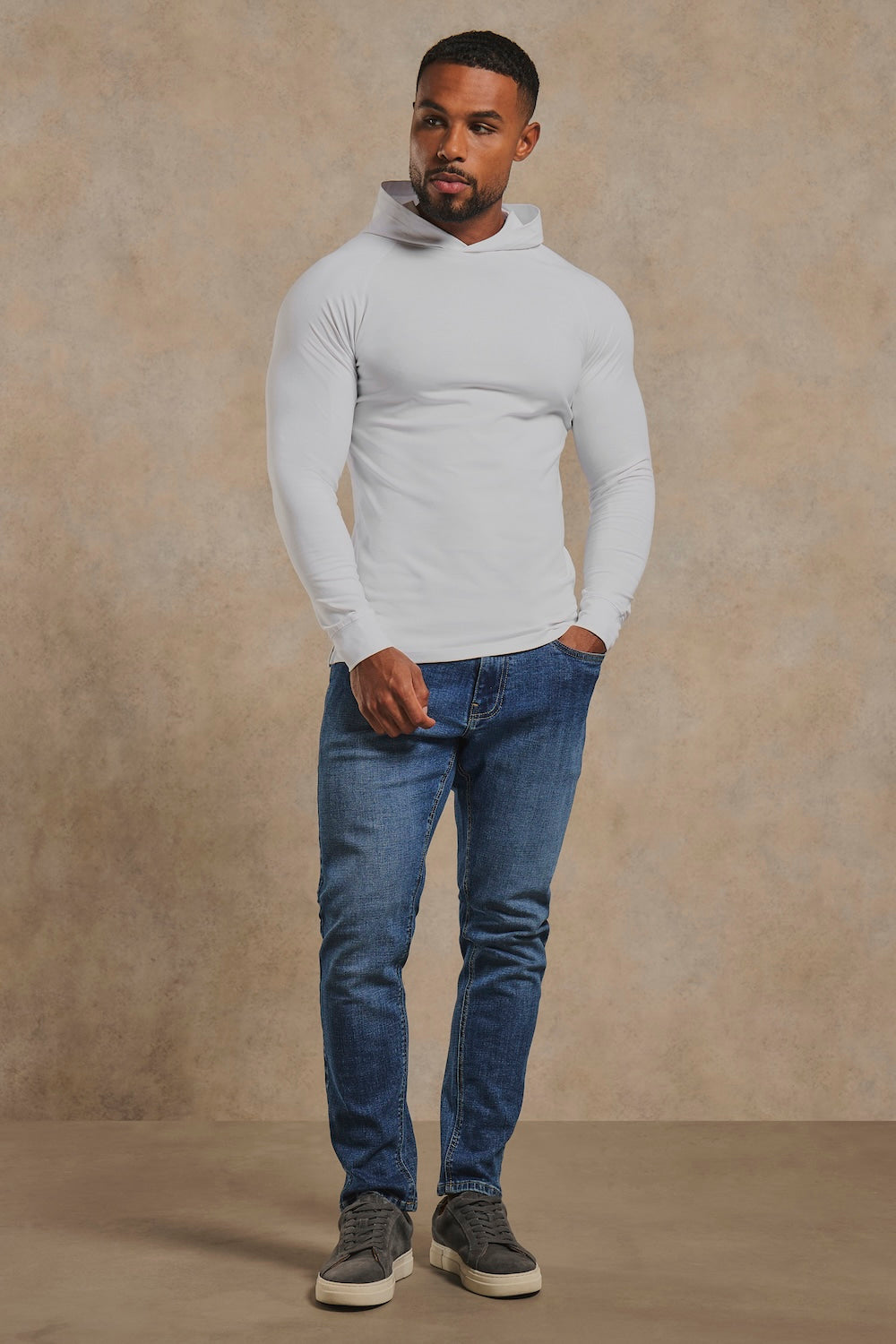 Muscle Fit Hooded Long Sleeve Top in White