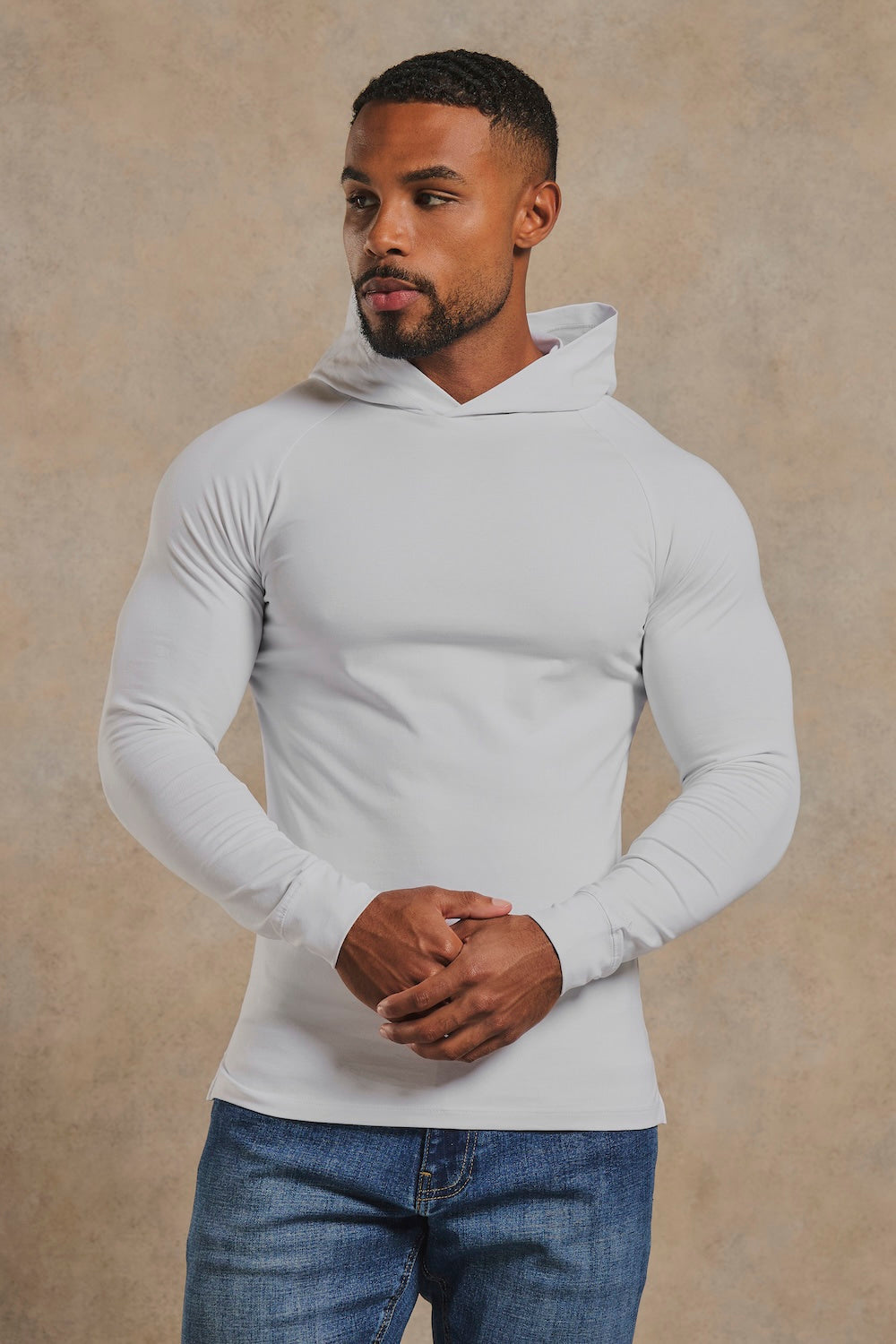 Muscle Fit Hooded Long Sleeve Top in White