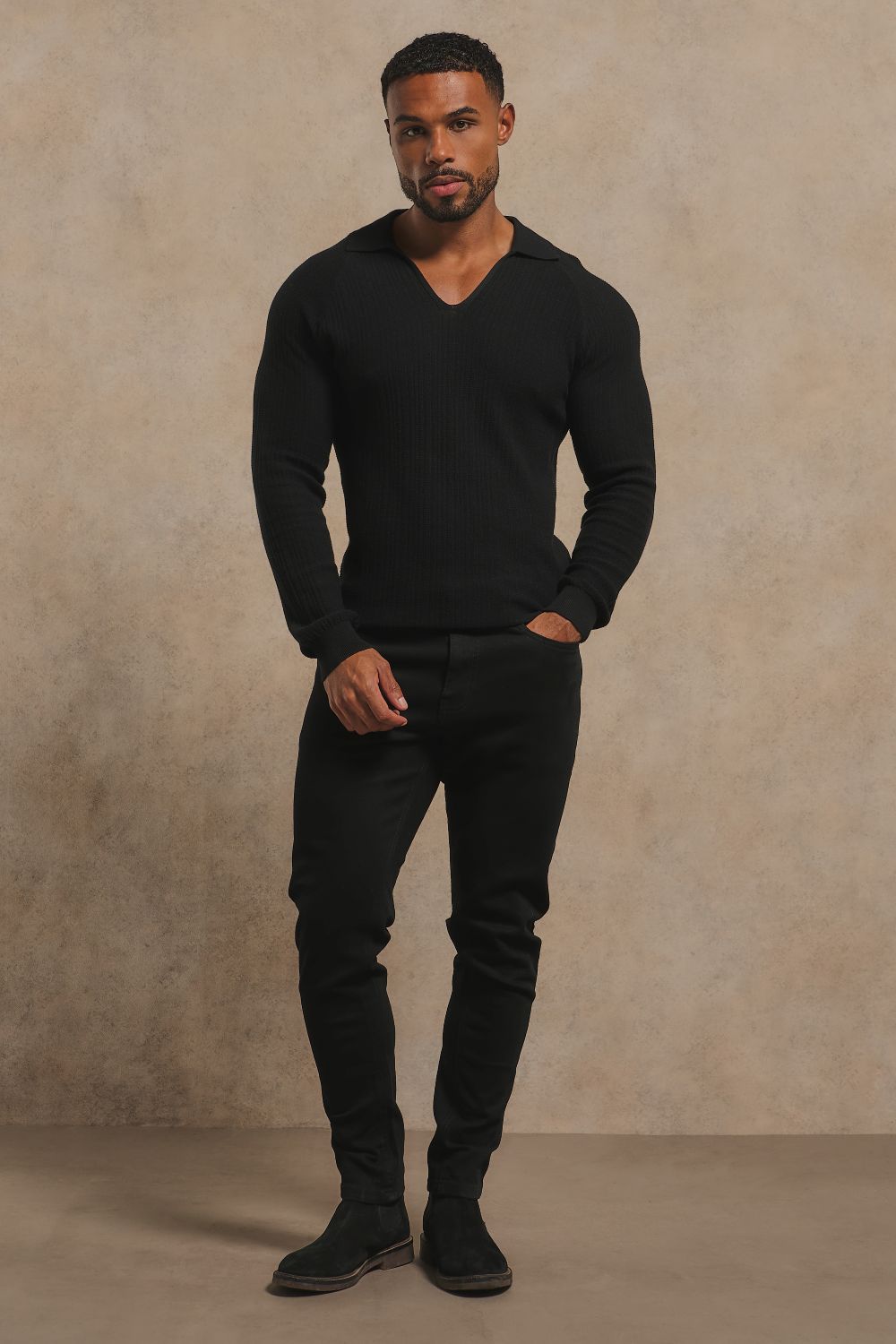 Textured Knitted V-Neck Open Collar Polo Shirt in Black