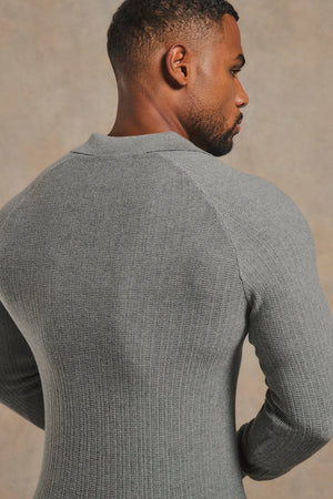 Textured Knitted V-Neck Open Collar Polo Shirt in Grey