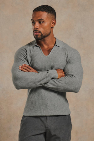 Textured Knitted V-Neck Open Collar Polo Shirt in Grey