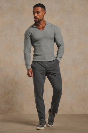 Textured Knitted V-Neck Open Collar Polo Shirt in Grey