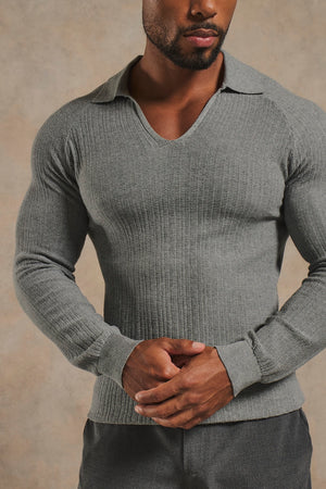 Textured Knitted V-Neck Open Collar Polo Shirt in Grey
