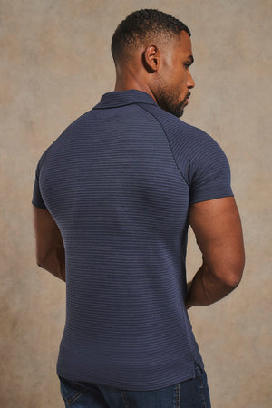 Textured Zip Neck Polo Shirt in Ink