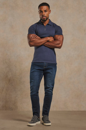 Textured Zip Neck Polo Shirt in Ink