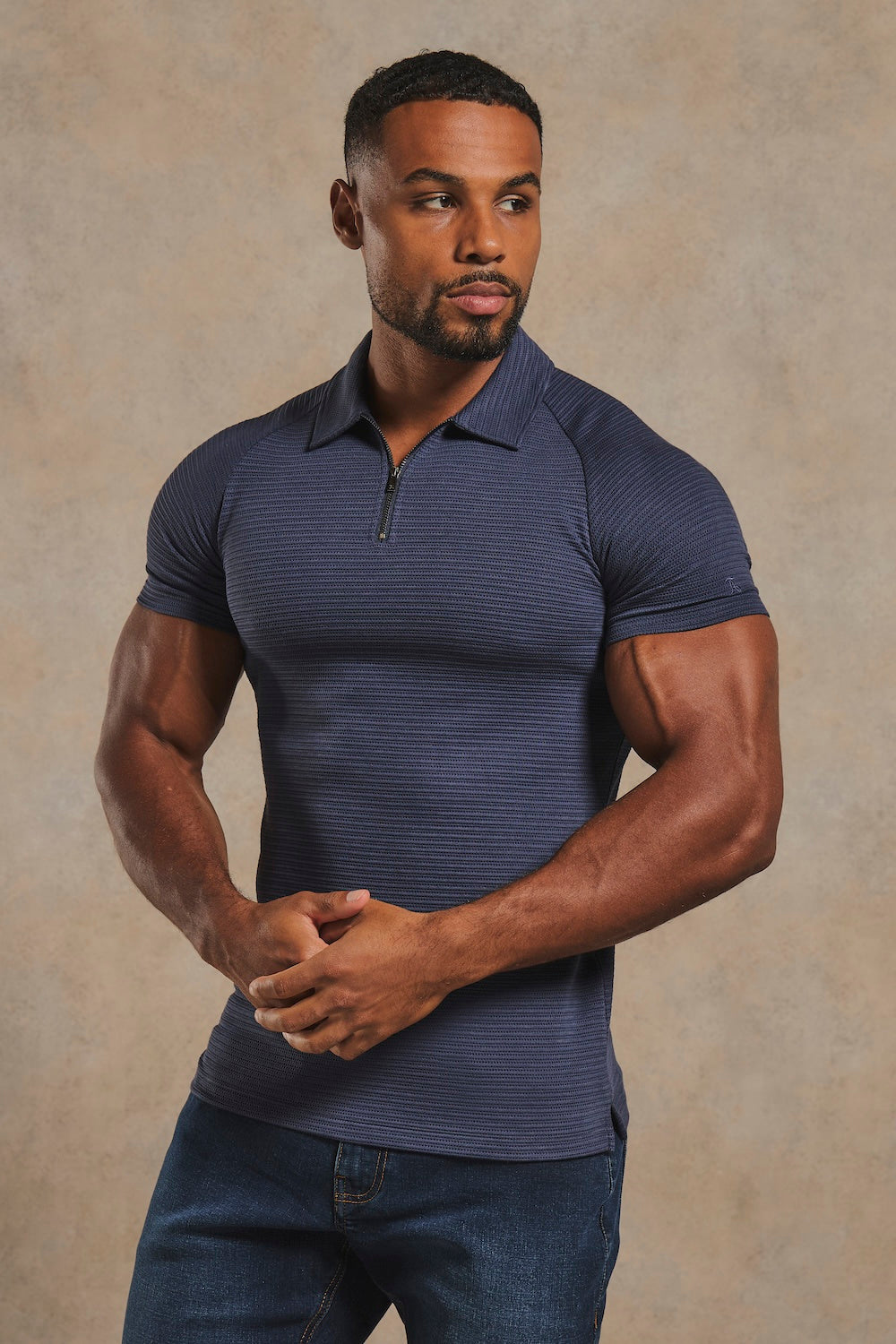 Textured Zip Neck Polo Shirt in Ink
