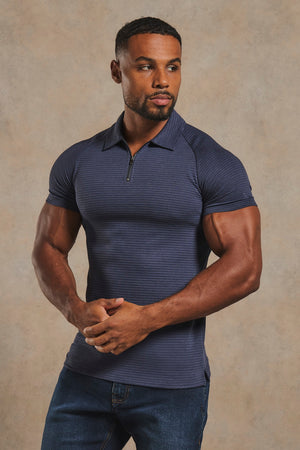 Textured Zip Neck Polo Shirt in Ink