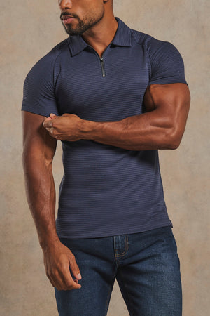 Textured Zip Neck Polo Shirt in Ink