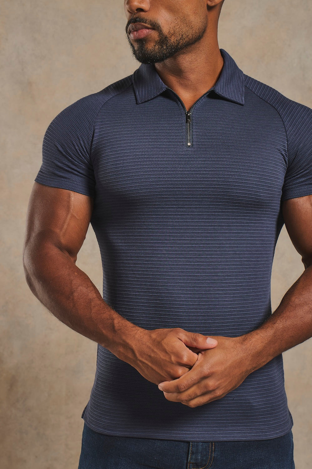 Textured Zip Neck Polo Shirt in Ink