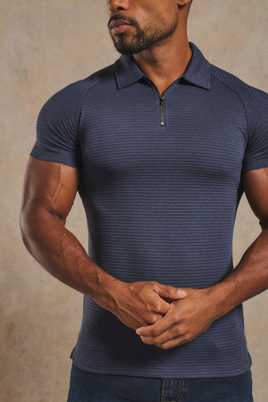 Textured Zip Neck Polo Shirt in Ink