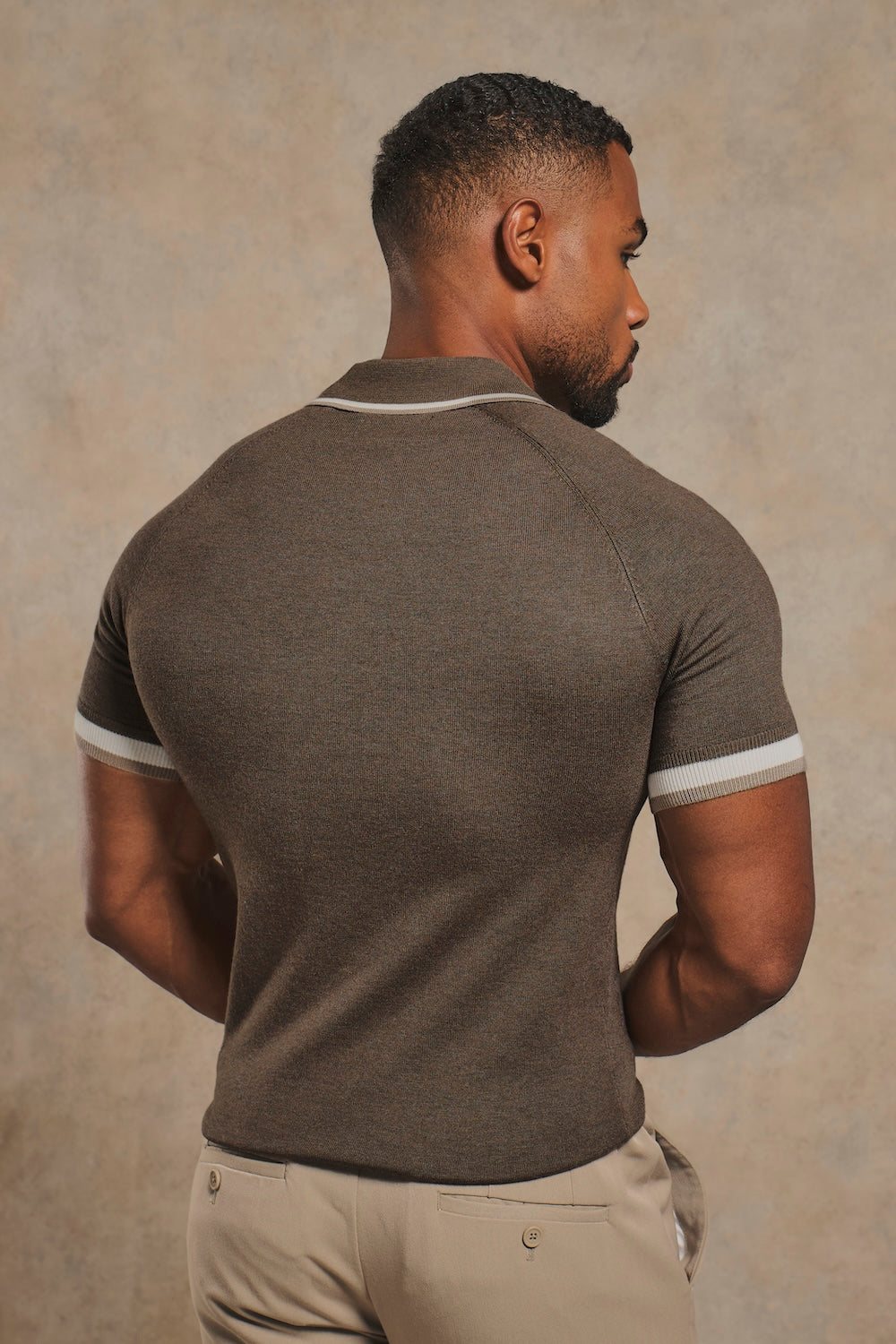 Tipped Knitted Polo Shirt in Brown Marl with Alabaster Tipping