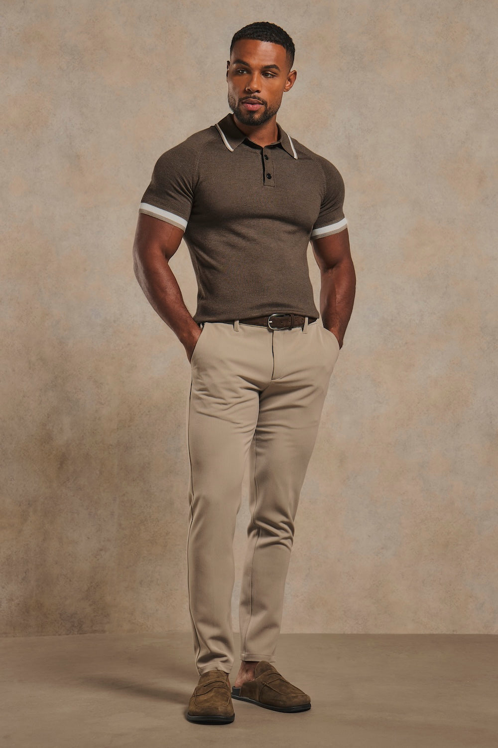 Tipped Knitted Polo Shirt in Brown Marl with Alabaster Tipping