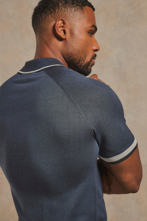 Tipped Knitted Polo Shirt in Navy with Grey Tipping