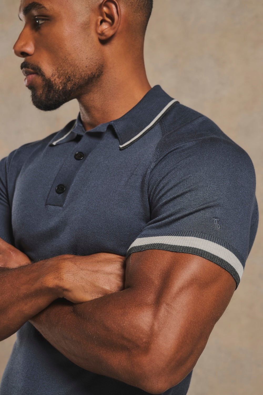Tipped Knitted Polo Shirt in Navy with Grey Tipping