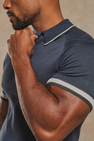 Tipped Knitted Polo Shirt in Navy with Grey Tipping