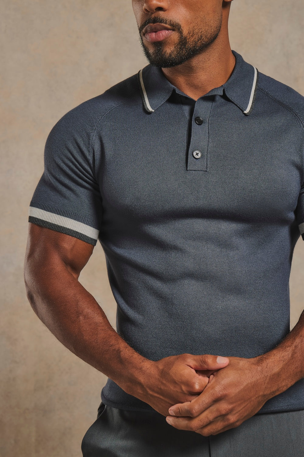Tipped Knitted Polo Shirt in Navy with Grey Tipping